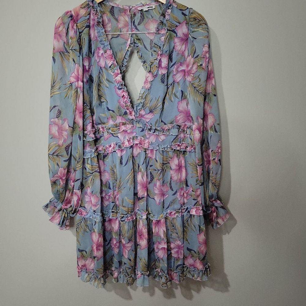 Fashion Nova In A Ruffle Blue with Purple Floral Sheer Tiered Mini Dress Size XL - Picture 3 of 8